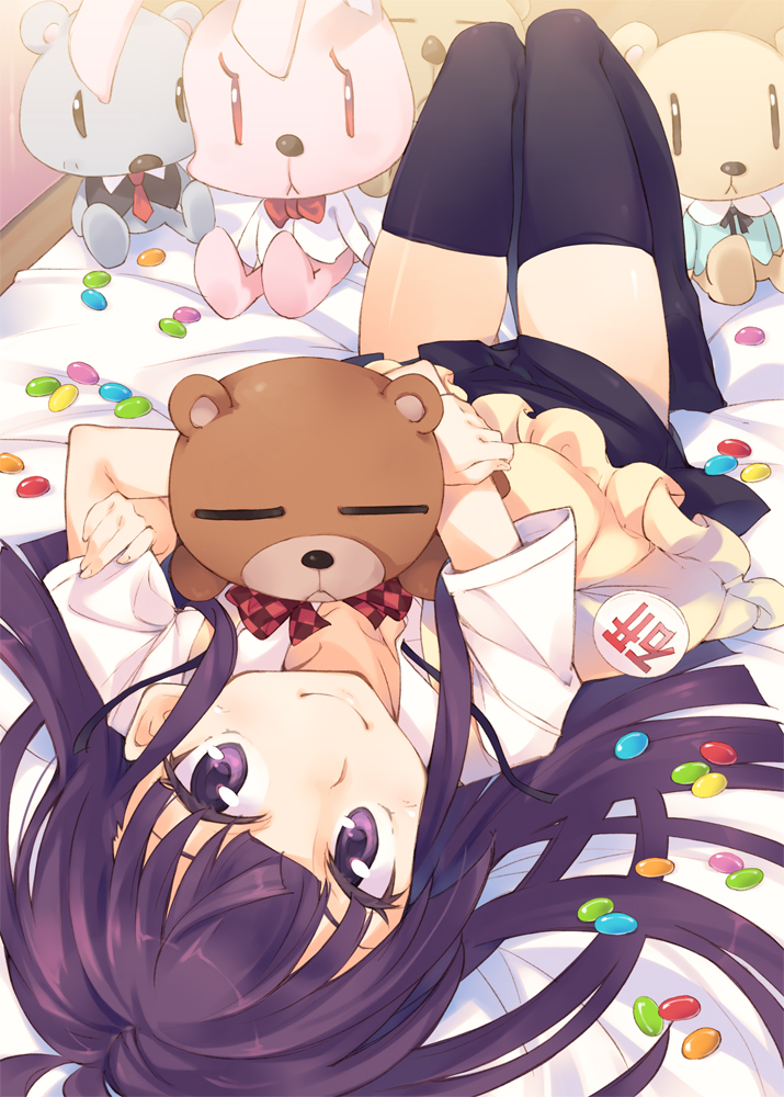 badge, bed, bed_sheet, black_legwear, blush, button_badge, candy, collarbone
