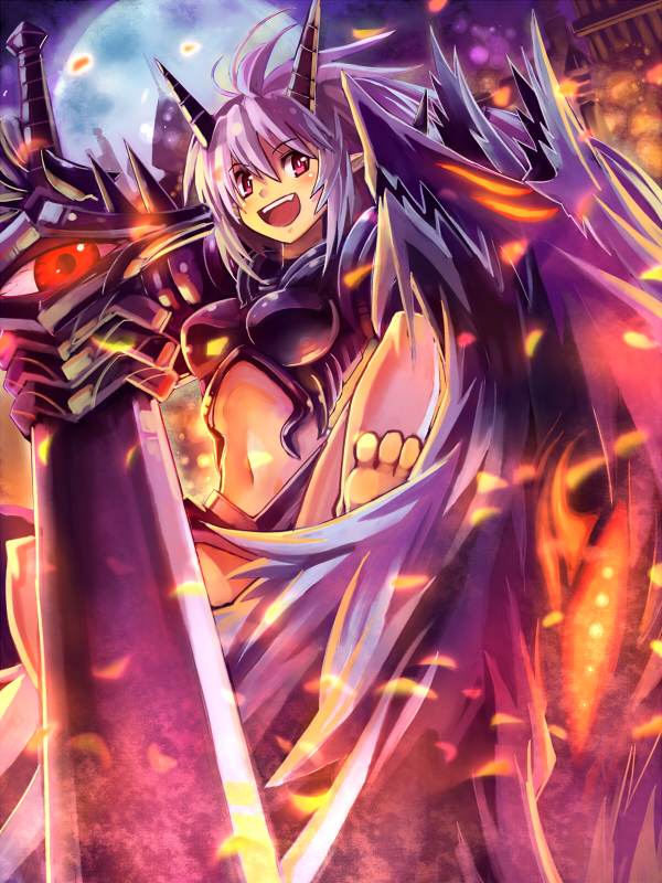 altea, armor, barefoot, breasts, edobox, embers, full_moon, horns, moon, navel, open_mouth, pixiv_fantasia, pixiv_fantasia_wizard_and_knight, pointy_ears, purple_hair, red_eyes, single_eye, smile, solo, sword, weapon