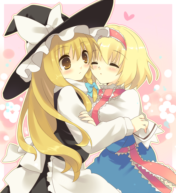 2girls, alice_margatroid, bad_id, hairband, hat, hat_ribbon, heart, hug