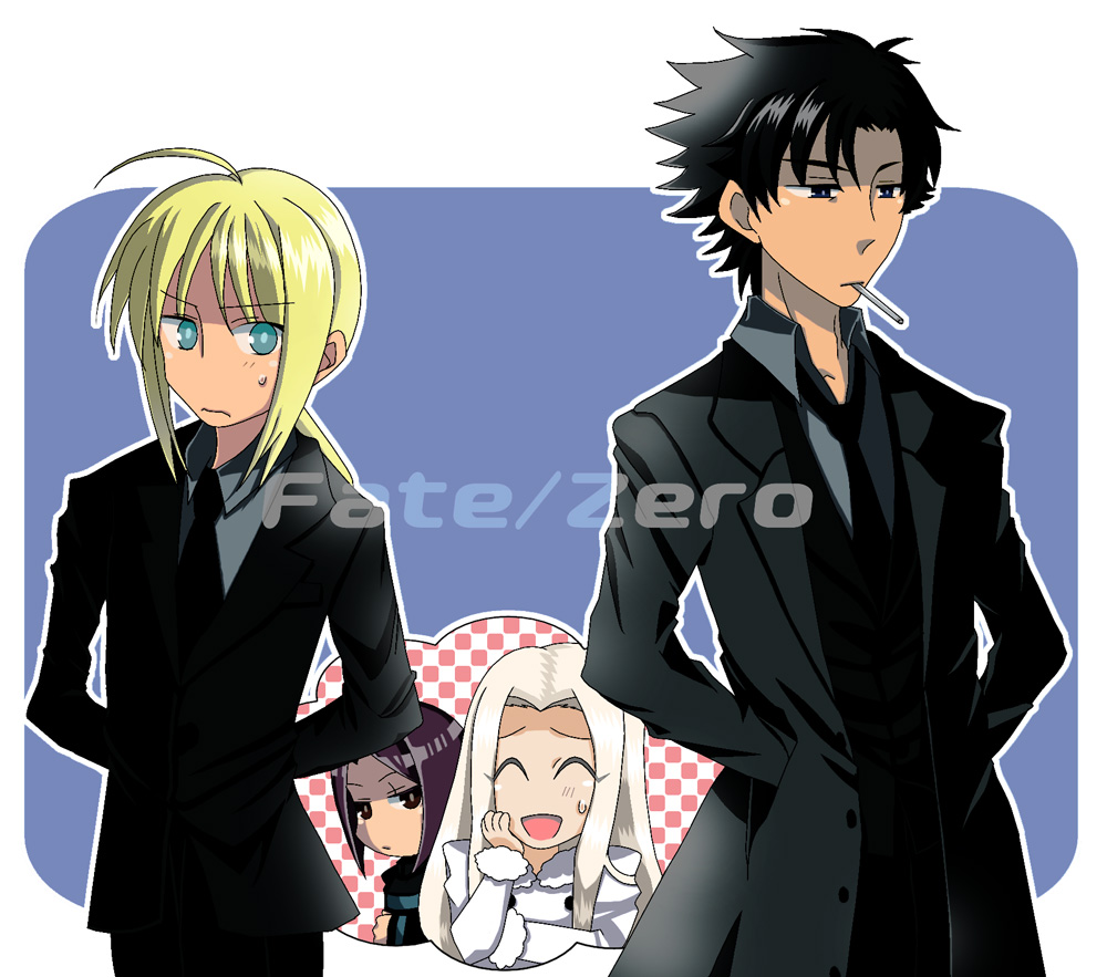 3girls, ^_^, ahoge, androgynous, chibi, cigarette, closed_eyes, emiya_kiritsugu
