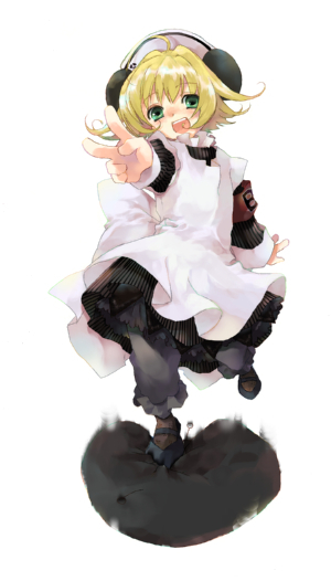 blonde_hair, bloomers, deko_(nyanti), di_gi_charat, hat, nazo_gema, outstretched_arm, panda_ears, petticoat, piyoko, running, solo, v