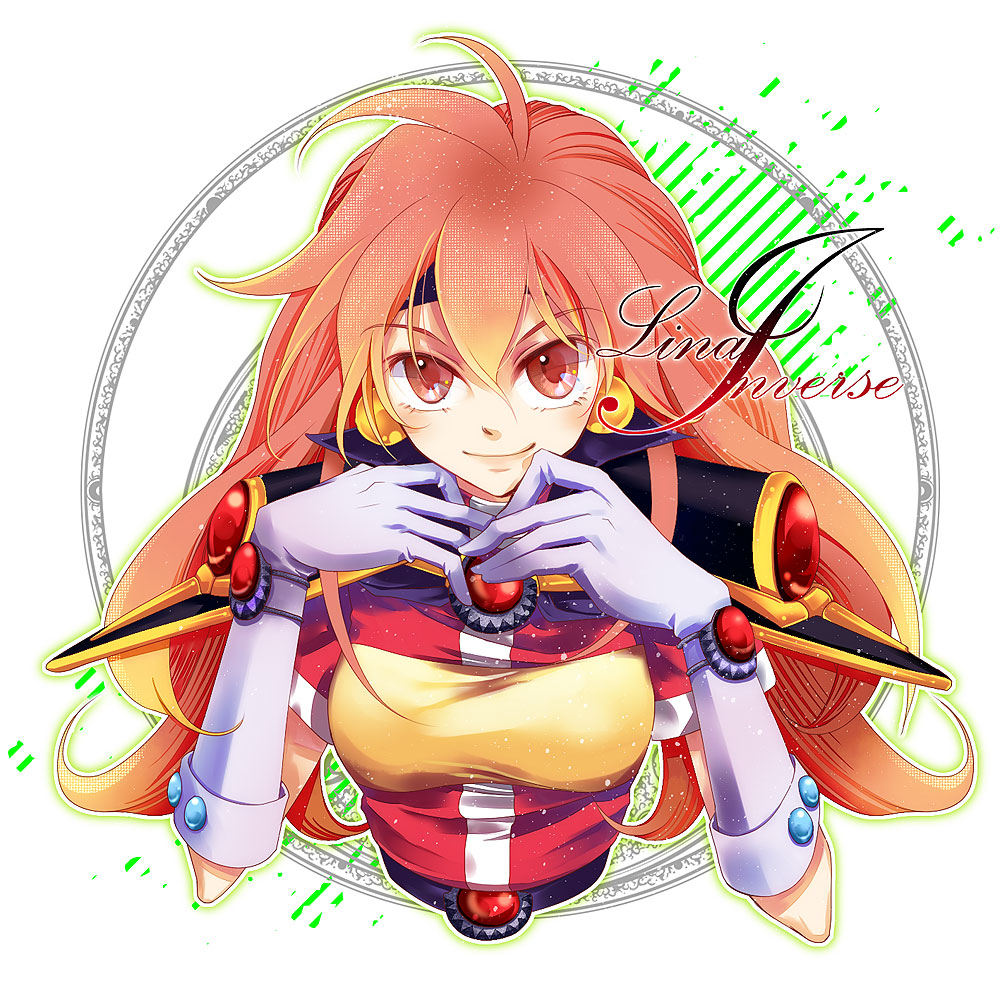 belt, brown_eyes, character_name, elbow_gloves, gem, gloves, headband, lina_inverse, long_hair, nanami_(773), orange_hair, pauldron, pauldrons, slayers, smile, solo, white_gloves
