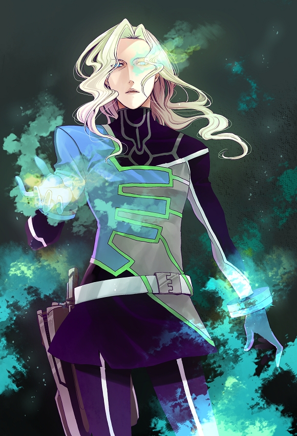 bad_id, blue_flame, fire, glowing, glowing_eye, green_fire, grey_hair, long_hair