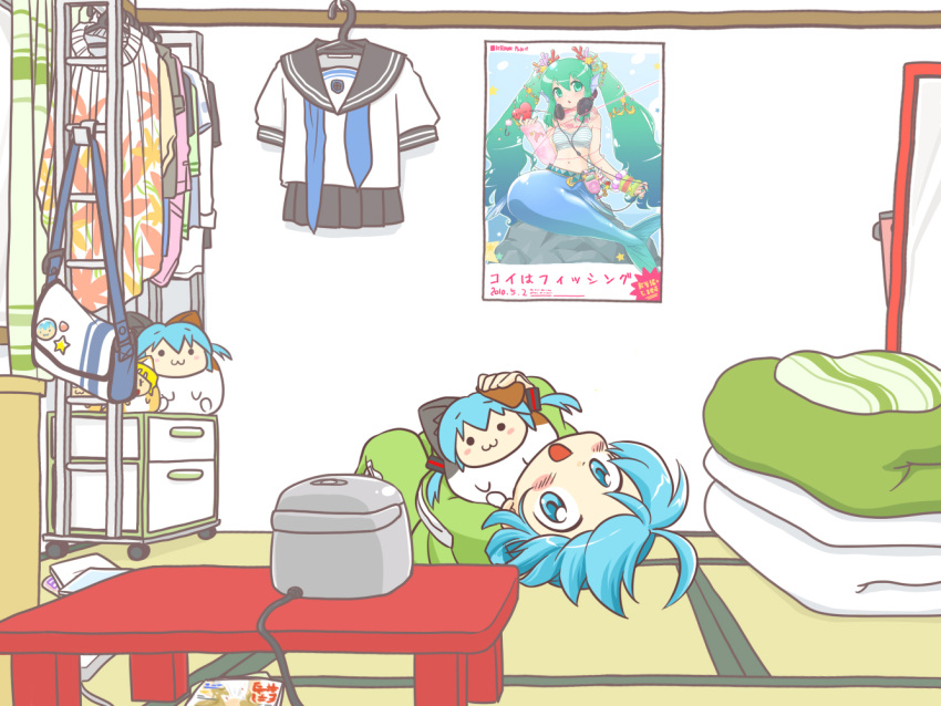 animal_costume, aqua_eyes, aqua_hair, bag, cat_costume, futon, hatsune_miku, kagamine_rin
