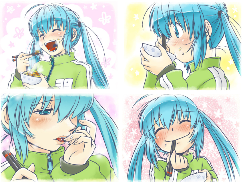 aqua_eyes, aqua_hair, blush, bowl, chopsticks, eating, food, food_on_face