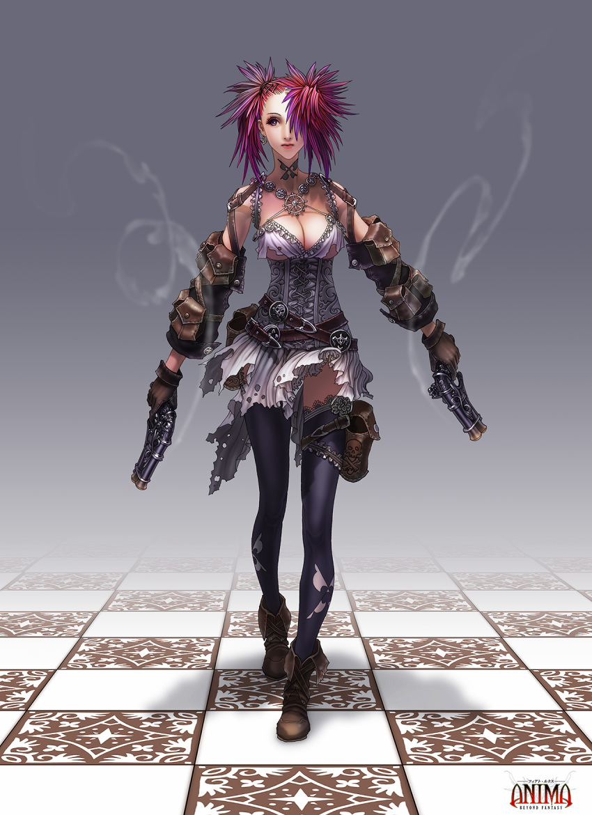 anima_beyond_fantasy, belt, black_legwear, boots, breasts, cleavage, corset, detached_sleeves, dual_wielding, earrings, gloves, gradient_hair, gun, hair_over_one_eye, highres, holster, jewelry, kira_(anima), multicolored_hair, pouch, purple_eyes, sexy, skirt, smoke, solo, spiked_hair, tattoo, thigh-highs, thighhighs, torn_clothes, weapon, wen-m