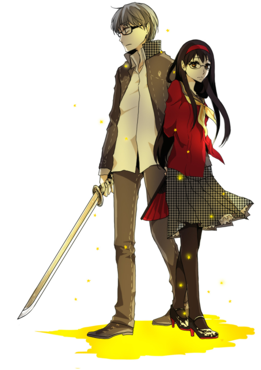 black_hair, fan, glasses, grey_eyes, grey_hair, hairband, highres, long_hair, narukami_yuu, natsuko_furuya, pantyhose, persona, persona_4, school_uniform, skirt, weapon