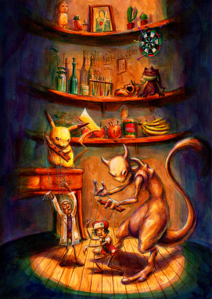 apple, banana, banette, baseball_cap, creepy, cross, doll, food, fruit, hat, marionette, mewtwo, ookido_yukinari, pikachu, pokemon, pokemon_(creature), pokemon_(game), puppet, red_(pokemon), red_(pokemon)_(classic), role_reversal, saboterian, traditional_media