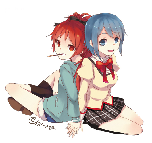 blue_eyes, blue_hair, himaya, indian_style, long_hair, mahou_shoujo_madoka_magica, miki_sayaka, mouth_hold