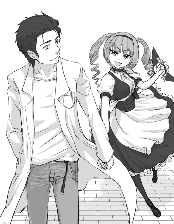 cat_ears, drill_hair, facial_hair, faris_nyannyan, hand_holding, hand_in_pocket, holding_hands, labcoat, monochrome, okabe_rintarou, steins;gate, stubble, twin_drills, waitress, youne