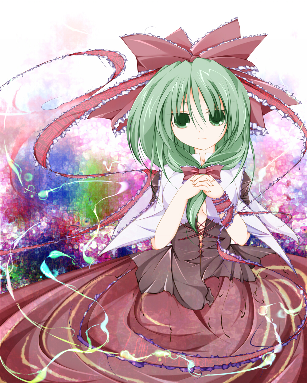 atapon, bow, breasts, dress, frills, front_ponytail, green_eyes, green_hair