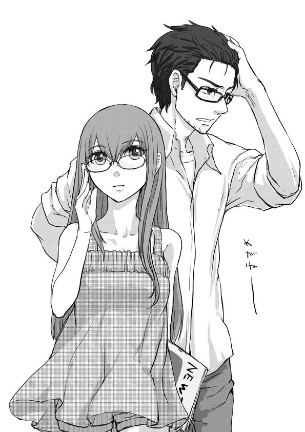 casual, dress, facial_hair, glasses, makise_kurisu, monochrome, okabe_rintarou, shorts