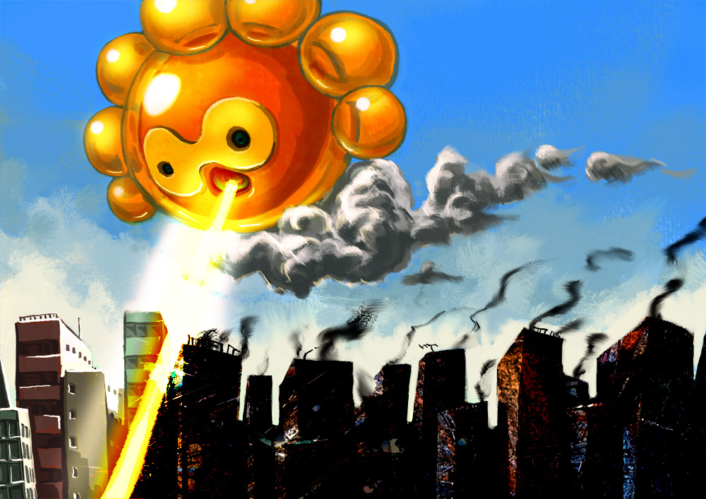 beam, castform, city, cloud, clouds, creature, destruction, giant, pokemon, pokemon_(creature), saboterian, sky, solo, sun, sunbeam, sunlight