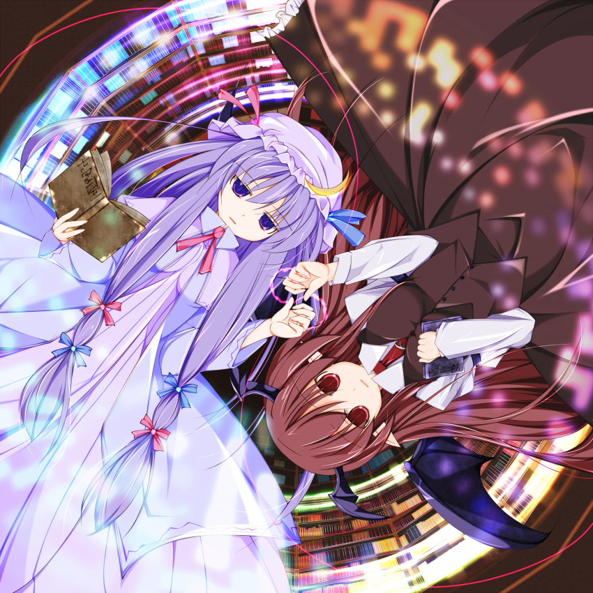atapon, bat_wings, book, bow, breasts, crescent, dress, flat_gaze