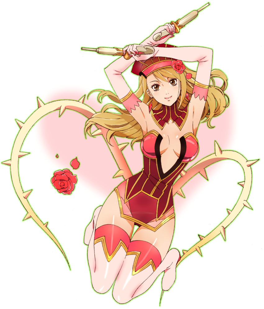 1girl, adapted_costume, armpits, arms_up, bare_shoulders, blonde_hair, blue_rose_(tiger_&amp;_bunny), boots