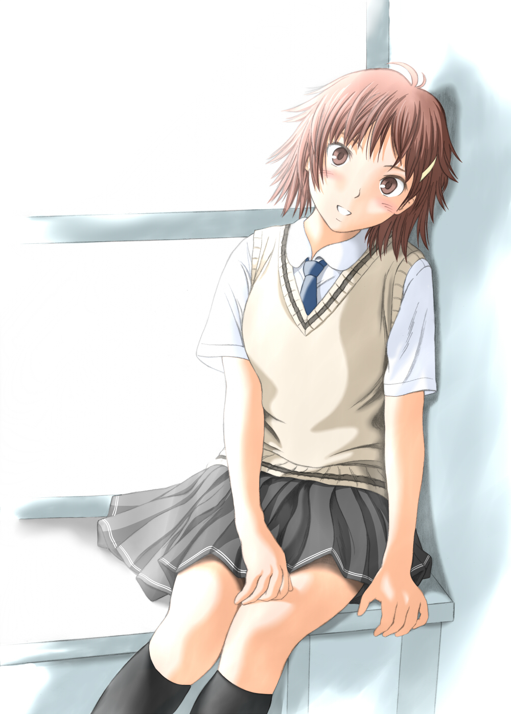 1girl, amagami, blush, brown_eyes, brown_hair, hair_ornament, hairclip, highres