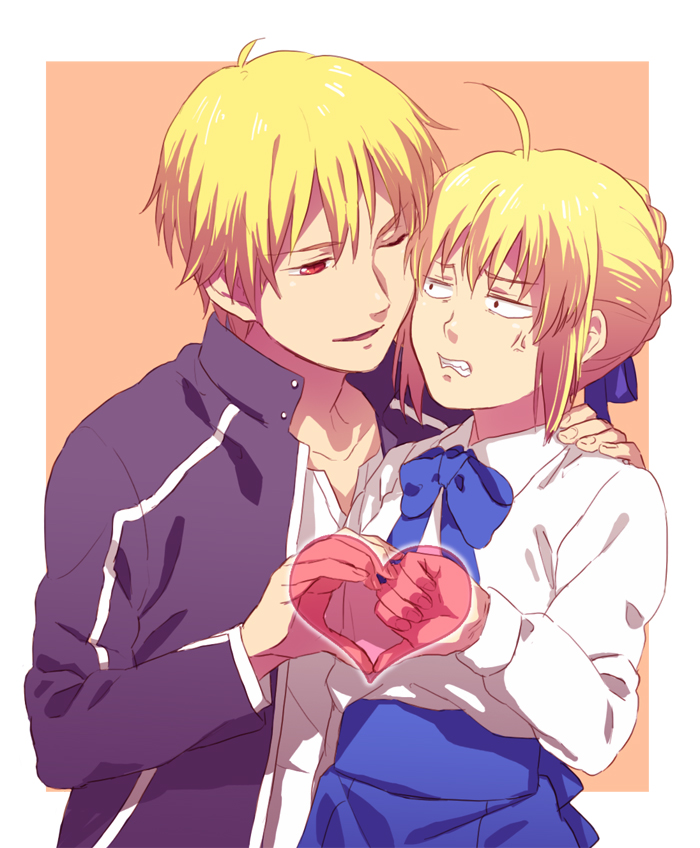 anger_vein, blonde_hair, casual, fate/stay_night, fate_(series), gilgamesh, heart, heart_hands