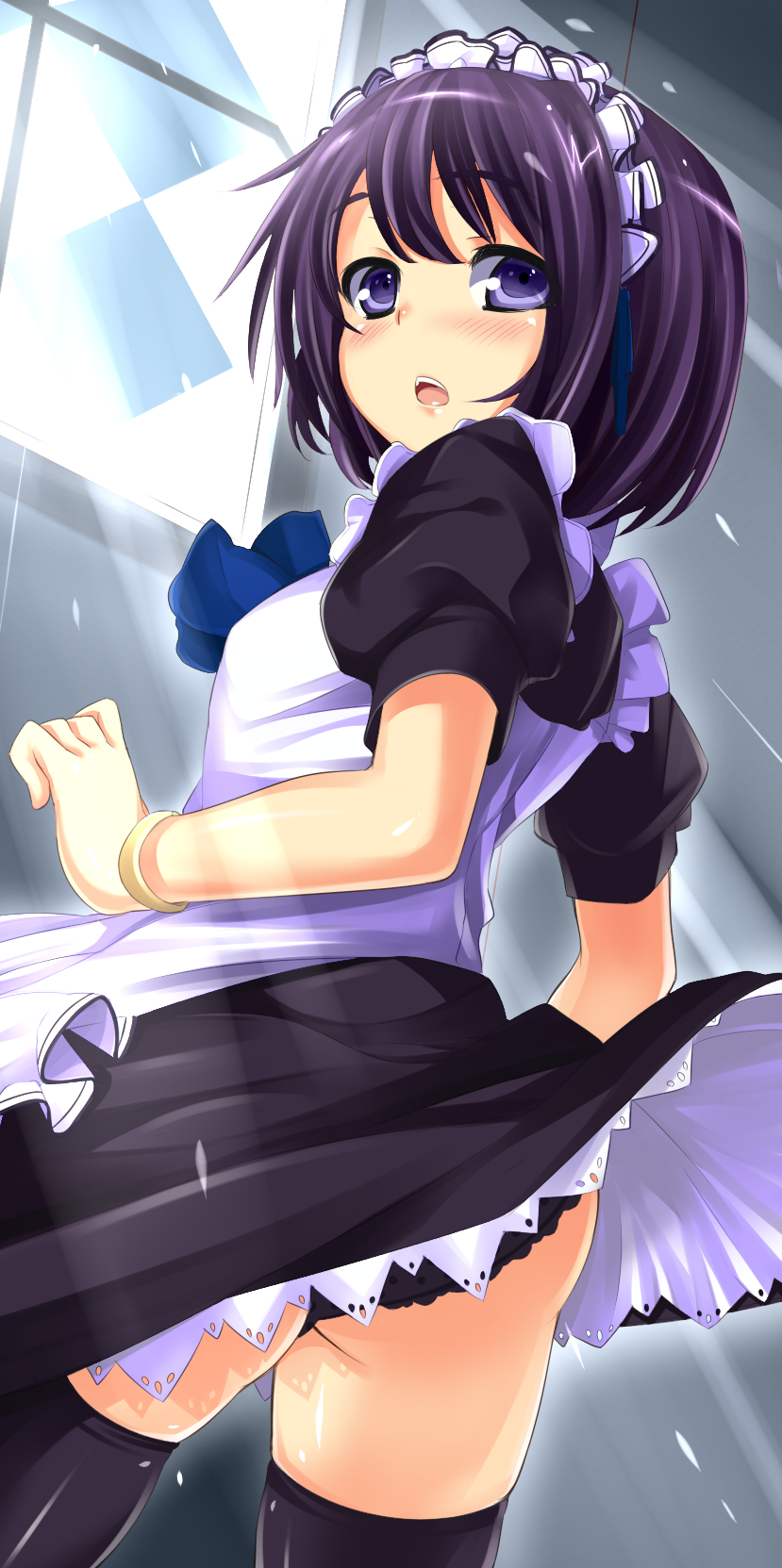 ass, black_legwear, black_panties, blush, bracelet, from_behind, highres, jewelry
