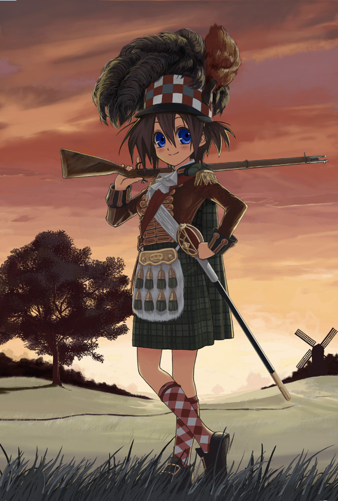 argyle_legwear, blue_eyes, broadsword, brown_hair, cape, checkered, copyright_request, epaulettes