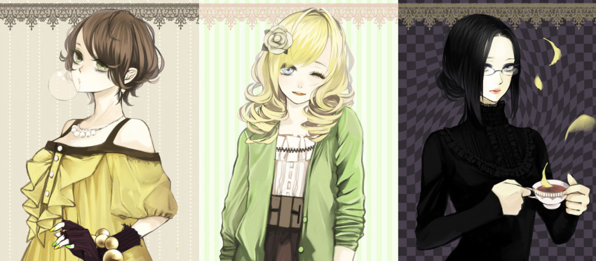 3girls, black_hair, blonde_hair, blue_eyes, brown_hair, dualscreen, eiri, glasses, green_eyes, gum, original, short_hair