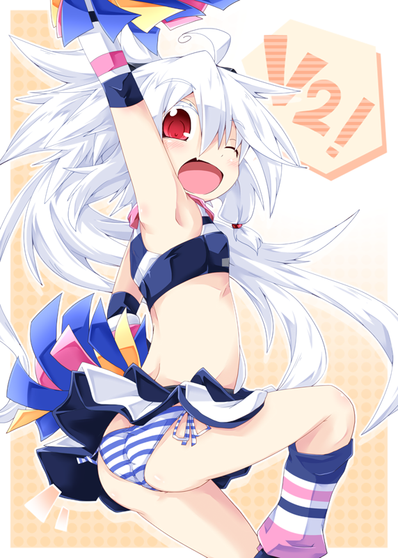 ahoge, arm_up, armpits, ass, cheerleader, fang, footwear, gloves