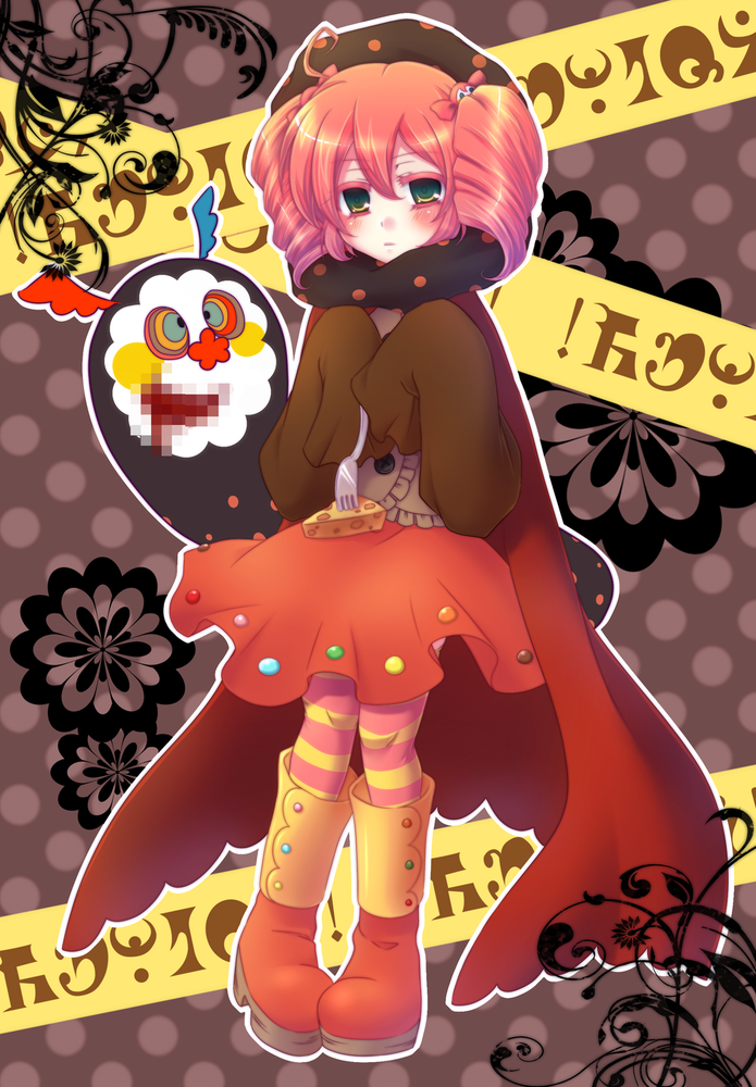 boots, censored, charlotte_(madoka_magica), cheese, dress, drill_hair, fork, frown