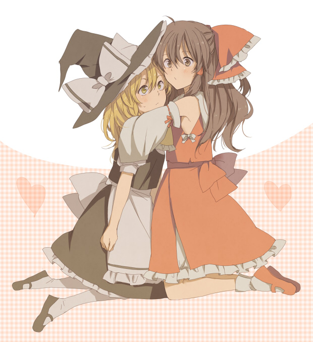 apron, ascot, blonde_hair, blush, bow, brown_eyes, brown_hair, checkered