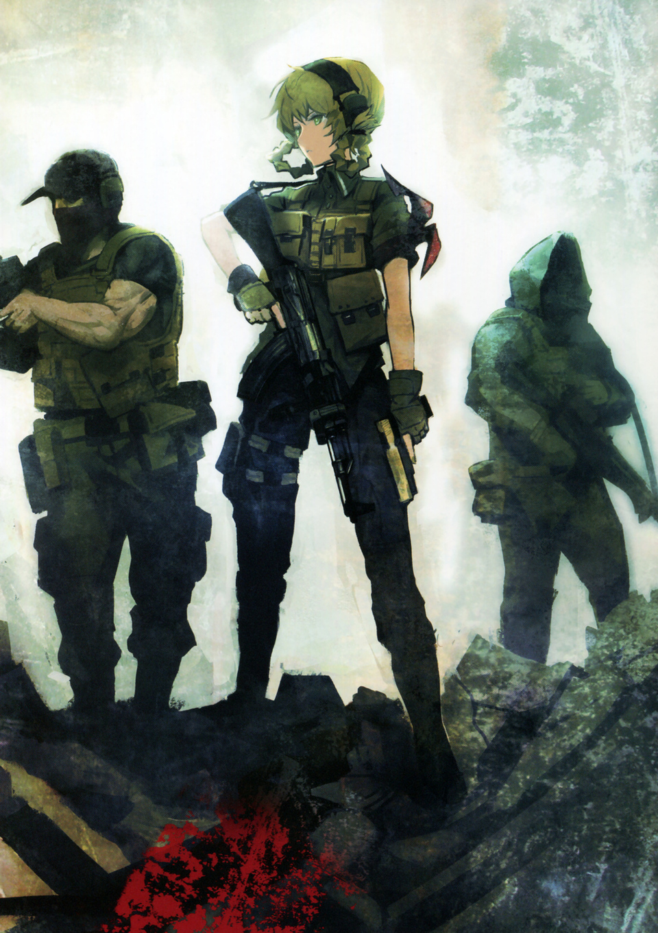 akm, amane_suzuha, armband, artist_request, assault_rifle, balaclava, baseball_cap, blonde_hair