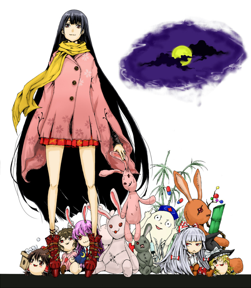 black_hair, capsule, casual, character_doll, fujiwara_no_mokou, hakurei_reimu, highres, houraisan_kaguya
