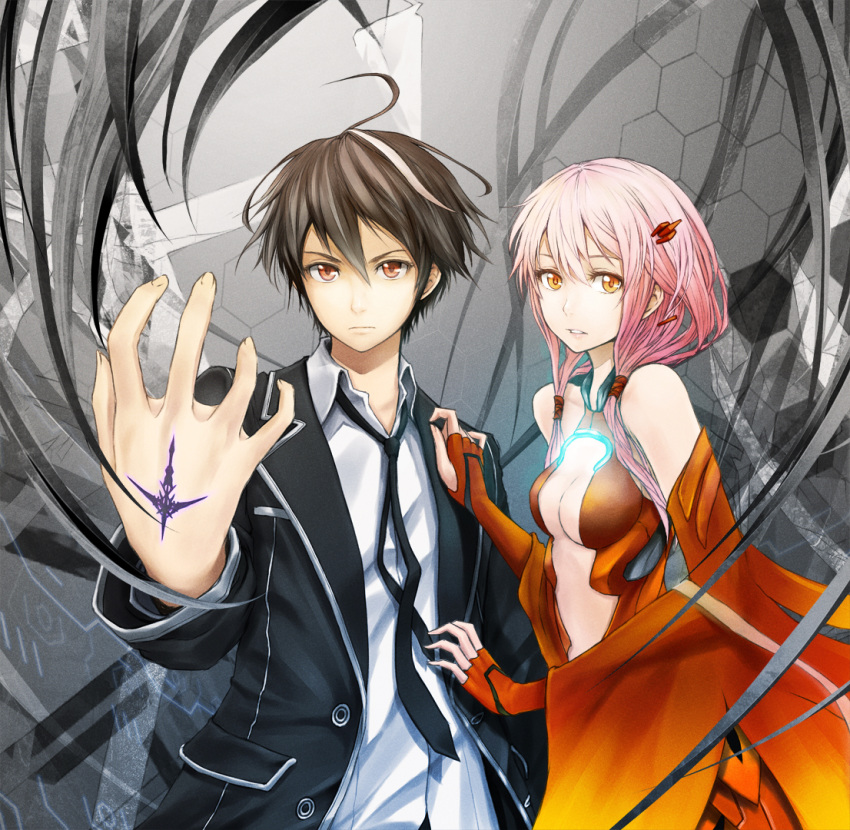 blazer, breasts, brown_hair, cleavage, detached_sleeves, fingerless_gloves, gloves, glowing