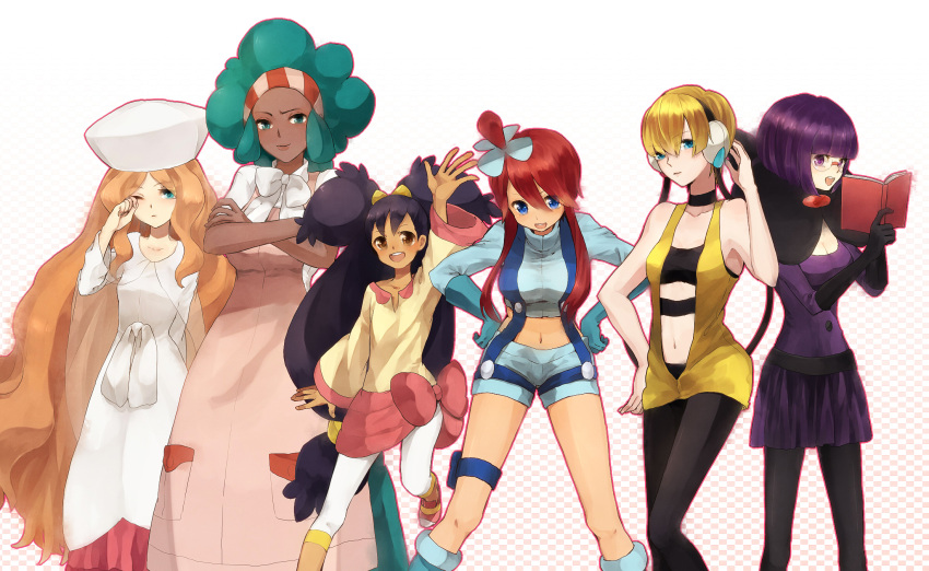 6girls, aloe_(pokemon), black_legwear, blonde_hair, brown_hair, cattleya_(pokemon), cross-ten, dark-skinned_female