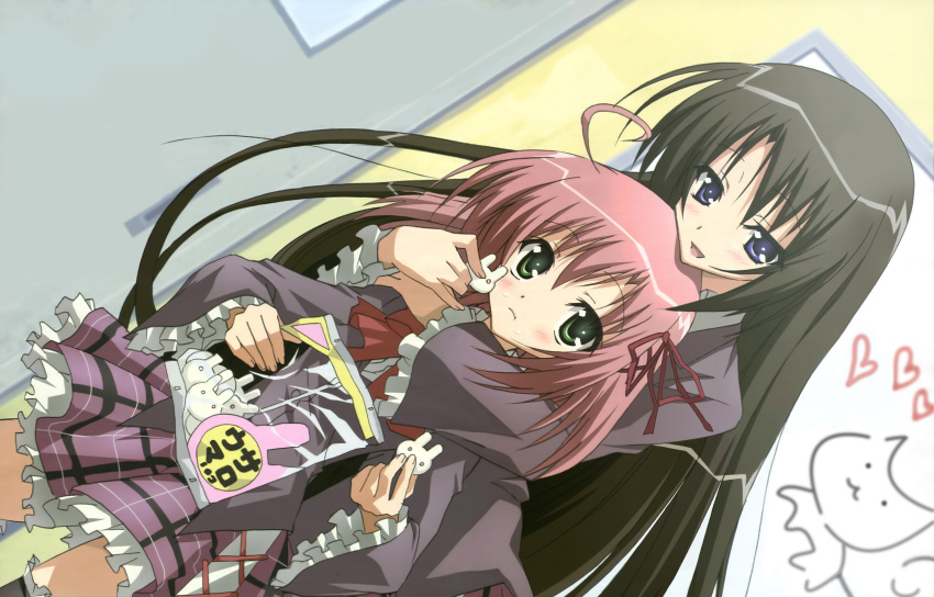 absurdres, ahoge, akaba_chizuru, black_hair, blush, classroom, detexted, drawing