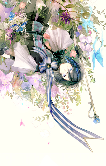 black_hair, blue_eyes, cage, flower, hoo, original, staff