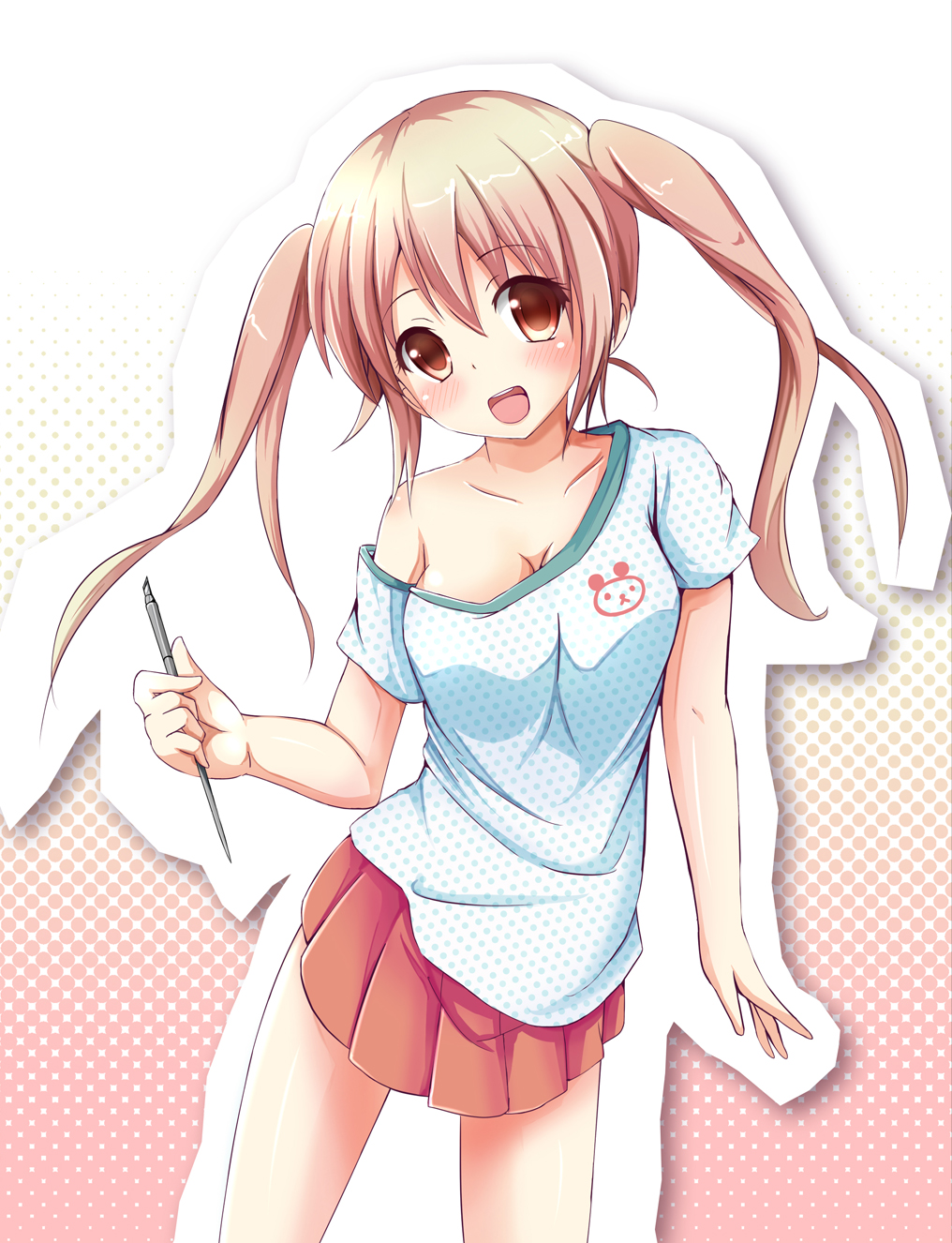 bare_shoulders, blush, breasts, brown_eyes, brown_hair, cleavage, collarbone, highres