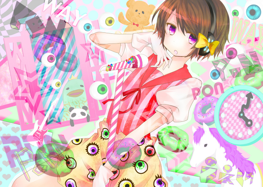 bow, brown_hair, eyeball, headphones, open_mouth, ponponpon, purple_eyes, saya7