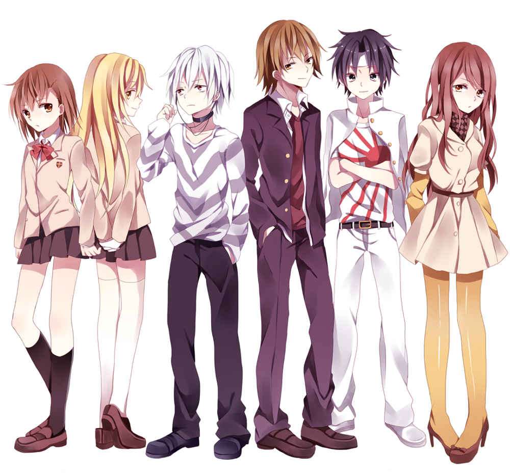 bad_id, black_eyes, black_hair, blonde_hair, brown_eyes, brown_hair, choker, dress