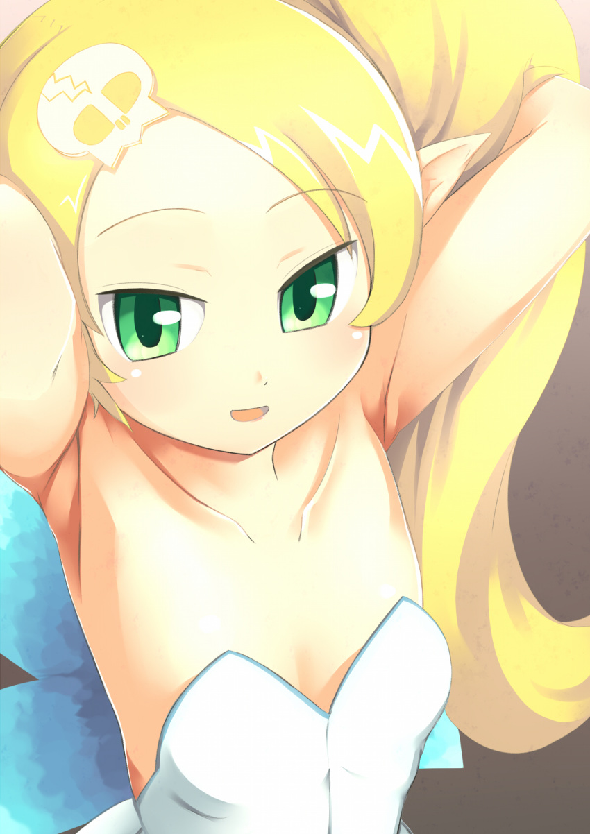 arms_up, bare_shoulders, blonde_hair, blush, fairy, fairy_wings, flat_chest, gdgd_fairies
