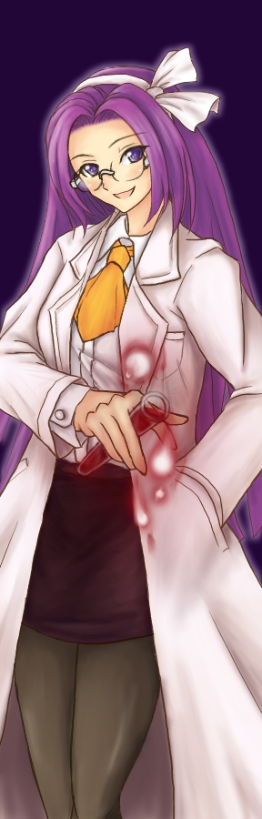 asakura_rikako, ascot, black_legwear, chemistry, dress_shirt, glasses, hair_ribbon, hairband, hozenkakari, jacket, labcoat, long_hair, open_mouth, pantyhose, purple_eyes, purple_hair, ribbon, scientist, shirt, skirt, smile, solo, test_tube, touhou, touhou_(pc-98), violet_eyes