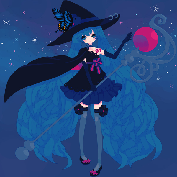 :<, aqua_eyes, aqua_hair, bitikara, blue, blush, butterfly, cap