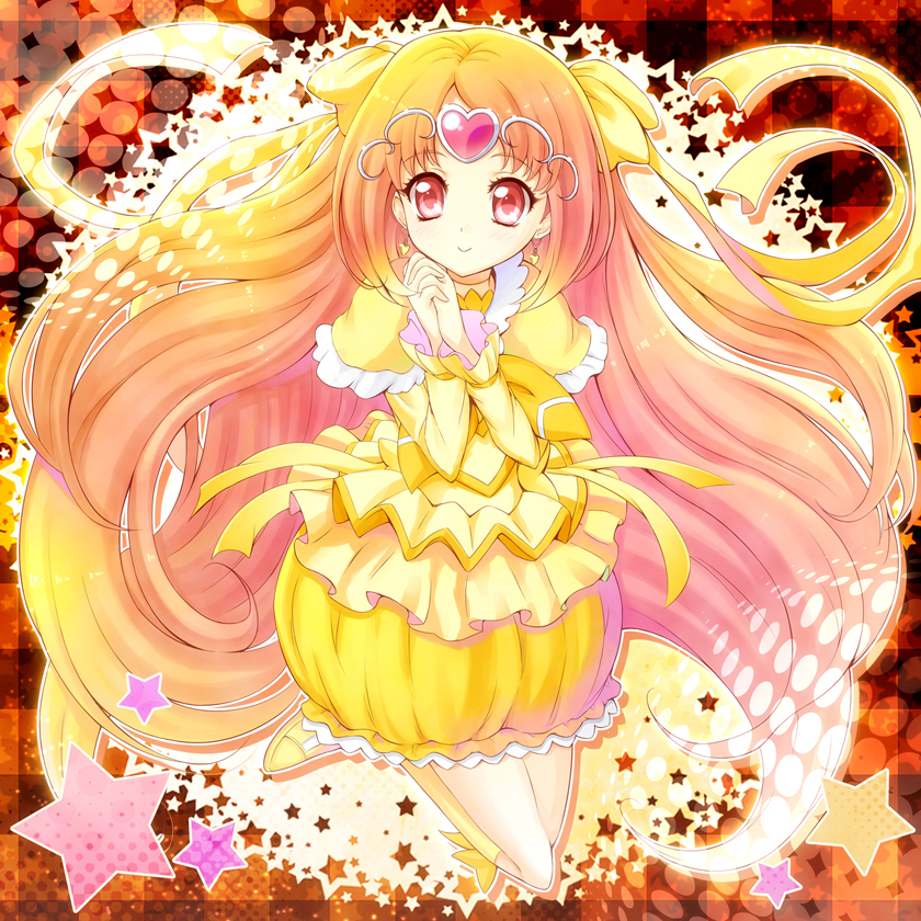 boots, bow, bubble_skirt, circlet, cure_muse, cure_muse_(yellow), dress, earrings