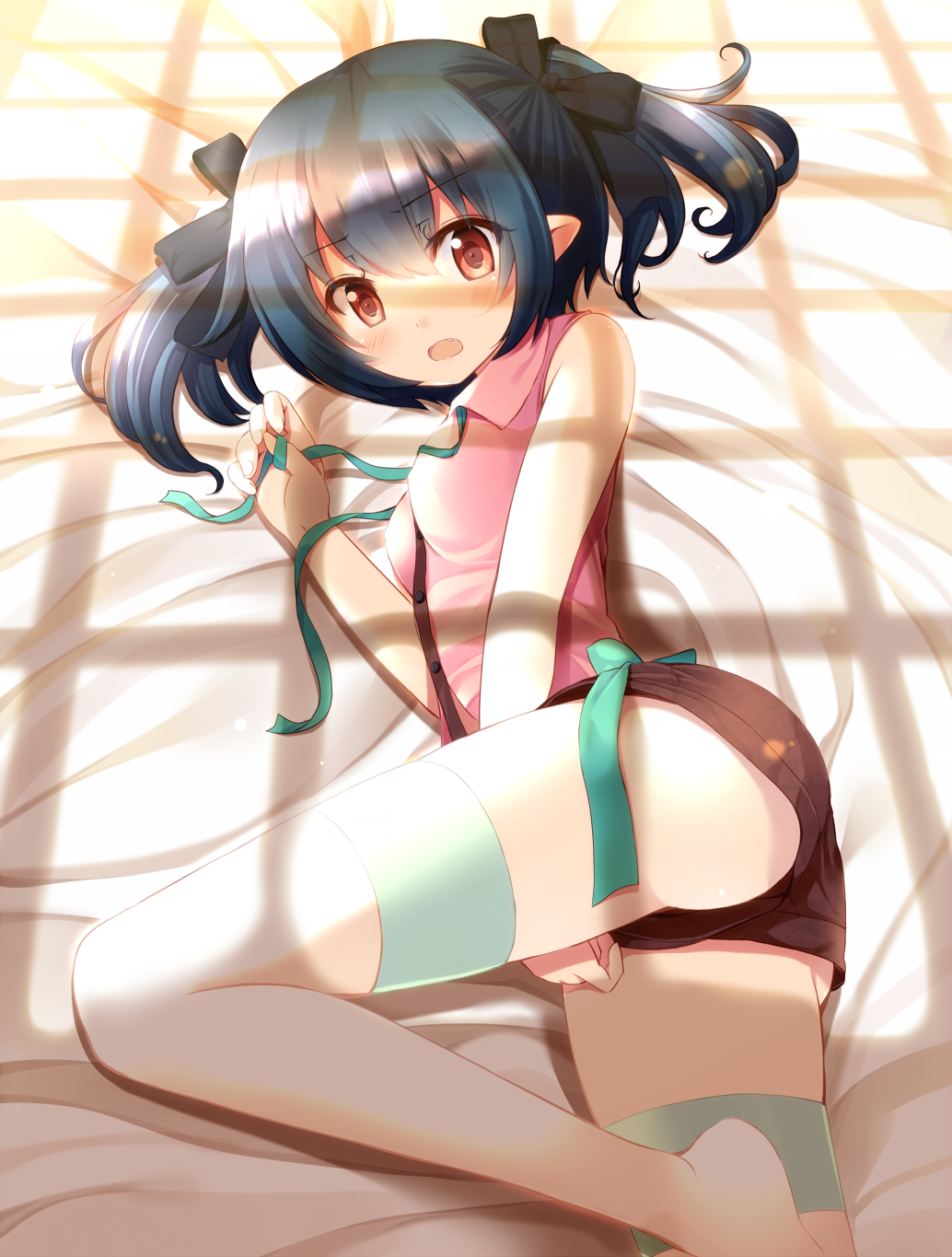 ass, ayame_(komone_ushio), barefoot, bed, between_legs, black_hair, blush, face