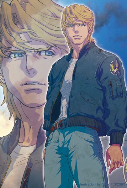 blonde_hair, blue_eyes, blue_jacket, bomber_jacket, jacket, jeans, keith_goodman, male
