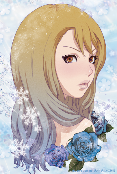 bad_id, blonde_hair, blue_hair, blue_rose, blue_rose_(tiger_&amp;_bunny), brown_eyes, face, flower, gradient_hair, karina_lyle, lips, long_hair, multicolored_hair, portrait, rose, solo, tiger_&amp;_bunny, v-room