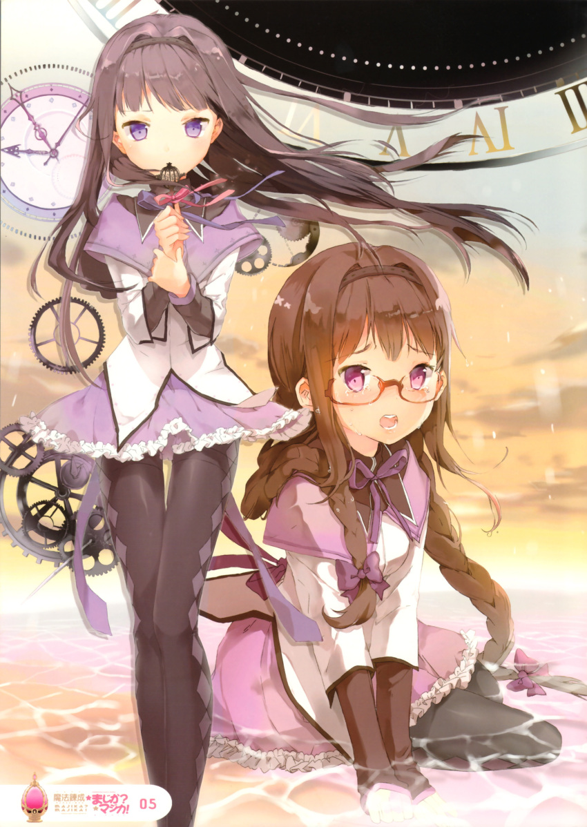 akemi_homura, anmi, argyle, argyle_legwear, black_hair, black_legwear, braid, clock
