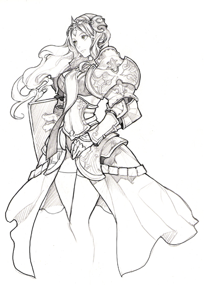 arm_guard, arm_guards, armor, bangs, bare_legs, breastplate, breasts, circlet, gauntlets, knight, large_breasts, long_hair, lowres, original, parted_bangs, pauldron, pauldrons, serenade_(sinohi), shield, shorts, simple_background, sketch, solo, wavy_hair, white_background, wind
