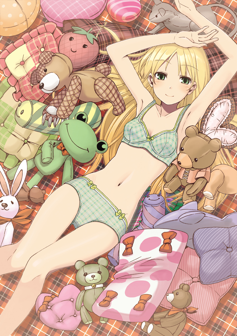 arms_up, blonde_hair, bra, couzone, face, green_bra, green_eyes, green_panties