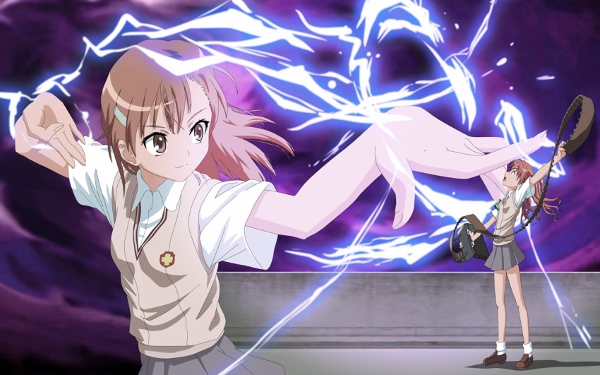 biribiri, electricity, g_gundam, gundam, knives_(artist), misaka_mikoto, multiple_girls, parody
