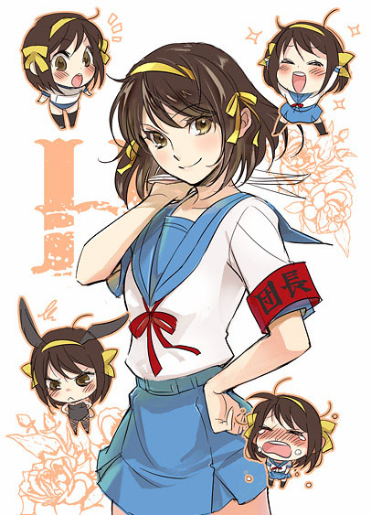 amber_eyes, animal_ears, armband, belt, brown_hair, bunnysuit, buruma, cheering, chibi, fan, fishnet_pantyhose, fishnets, flower, gold_eyes, hand_on_hip, hands_on_hips, hips, pantyhose, ribbon, school_uniform, serafuku, short_hair, skirt, smile, surprised, suzumiya_haruhi, suzumiya_haruhi_no_yuuutsu, tears, tokizawa_naota, yellow_eyes