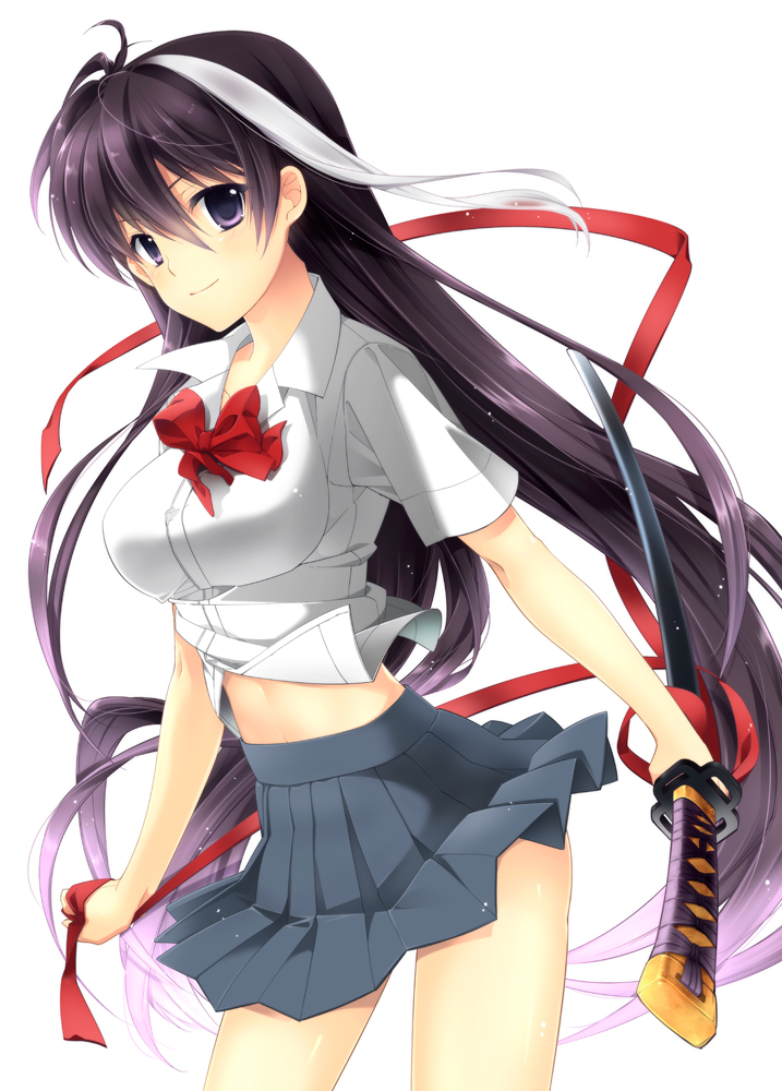 katana, kirino_kasumu, kuroya_kyou, long_hair, midriff, multicolored_hair, purple_eyes, ribbon, school_uniform, shinigami_no_kyou, solo, sword, two-tone_hair, violet_eyes, weapon, white_hair