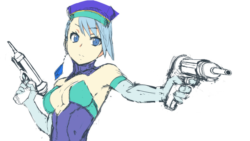 blue_eyes, blue_hair, blue_rose_(tiger_&amp;_bunny), breasts, cleavage, dual_wielding, earrings, elbow_gloves
